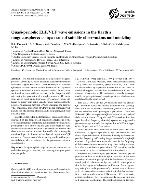 (PDF) Quasi-periodic ELF/VLF wave emissions in the Earth's ...