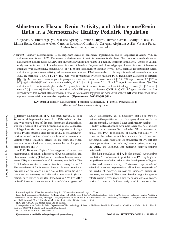 (PDF) Aldosterone, Plasma Renin Activity, and Aldosterone/Renin Ratio ...
