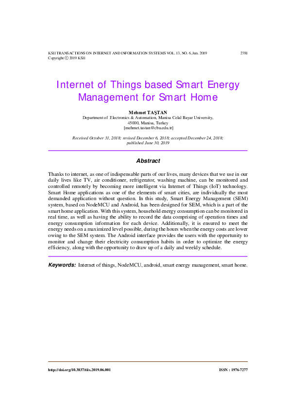 (PDF) Internet of Things based Smart Energy Management for Smart Home