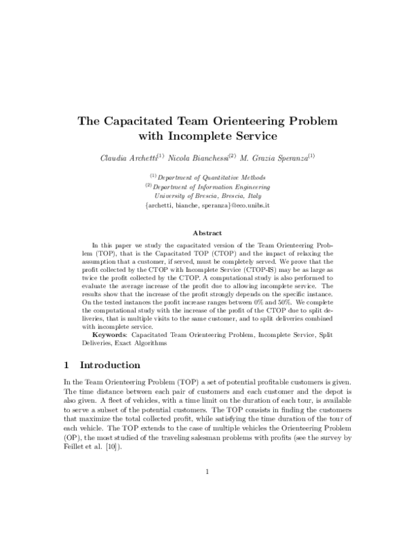 (PDF) The capacitated team orienteering problem with incomplete service