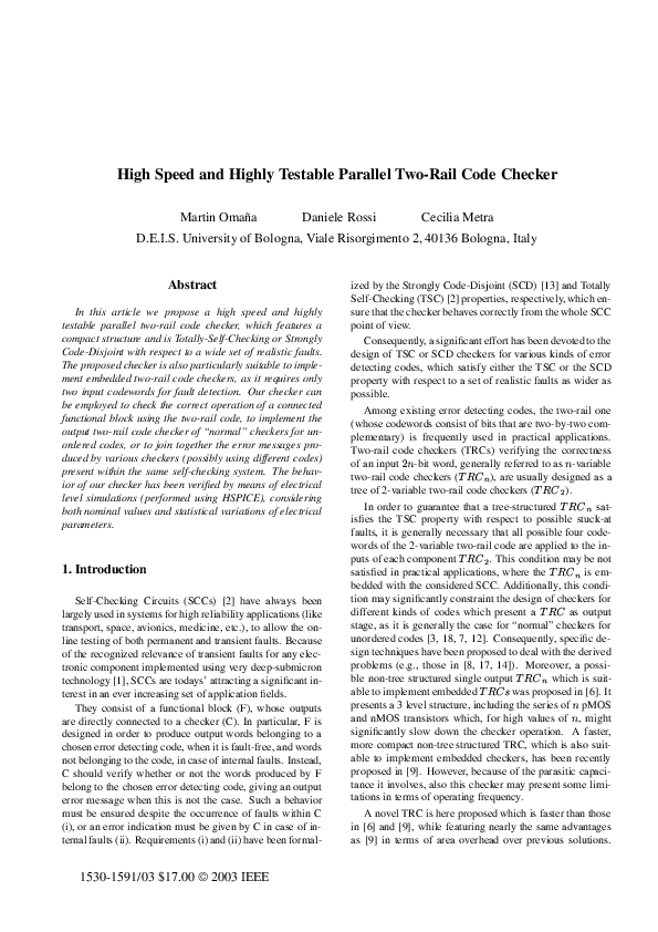 (PDF) High speed and highly testable parallel two-rail code checker
