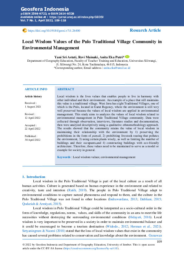 (PDF) Local Wisdom Values of the Pulo Traditional Village Community in ...