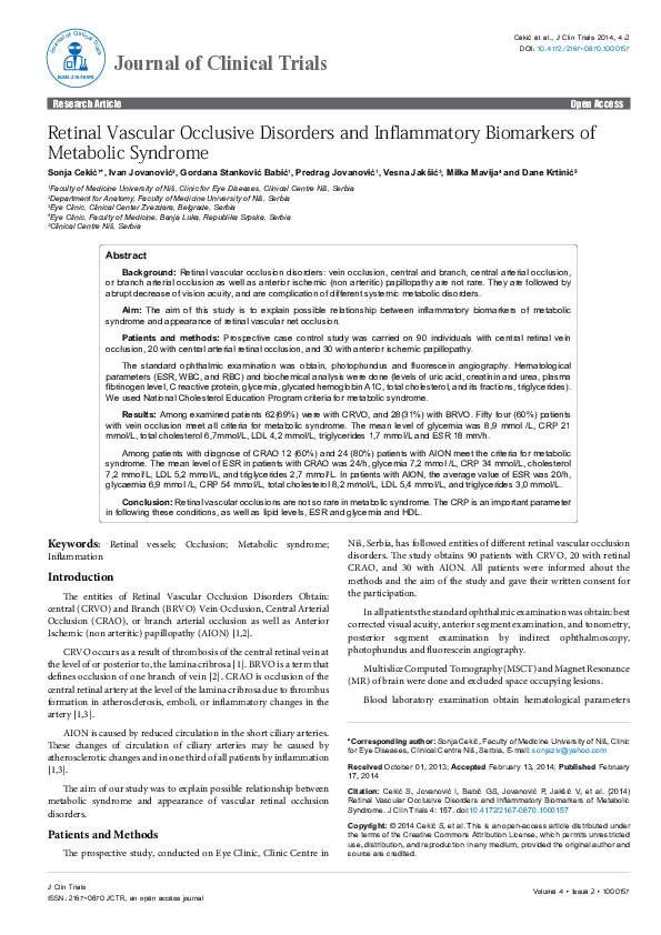 (PDF) Retinal Vascular Occlusive Disorders and Inflammatory Biomarkers ...