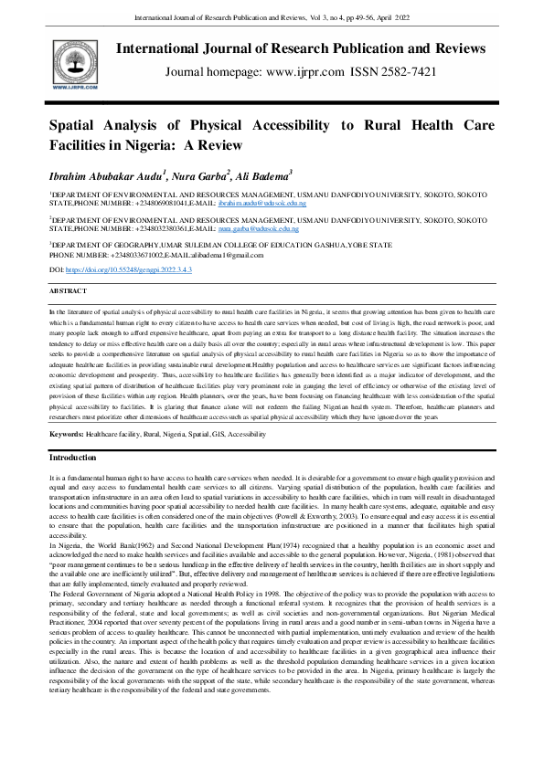 (PDF) Spatial Analysis of Physical Accessibility to Rural Health Care ...