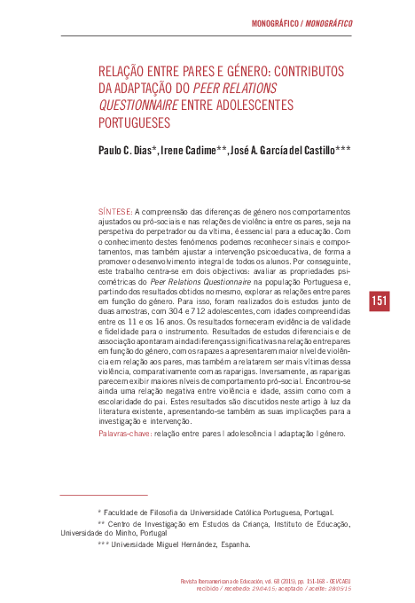 (PDF) Relação entre pares e género: Contributos da adaptação do Peer ...
