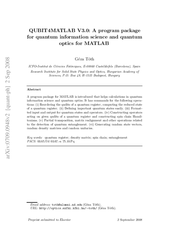 (PDF) QUBIT4MATLAB V3.0: A program package for quantum information ...