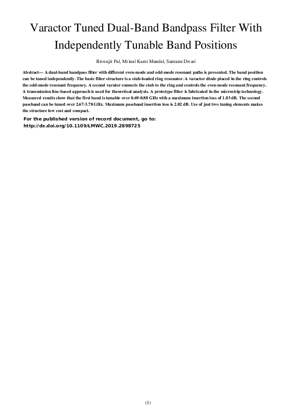 (PDF) Varactor Tuned Dual-Band Bandpass Filter With Independently ...