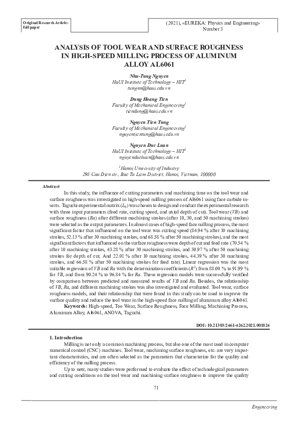 (PDF) Analysis of tool wear and surface roughness in high-speed milling ...