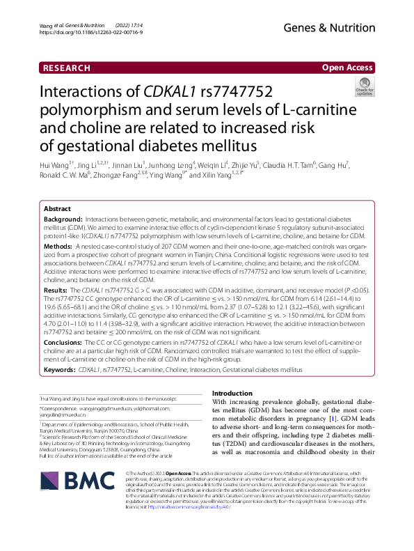benefits l carnitine PDF) Interactions of CDKAL1 rs7747752 polymorphism and serum levels of L- carnitine and choline are related to increased risk of gestational diabetes  mellitus