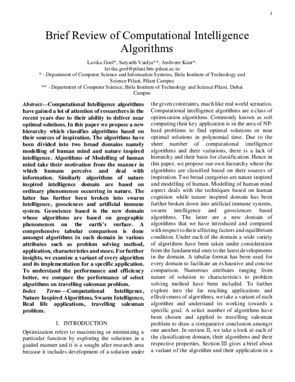 (PDF) Brief Review of Computational Intelligence Algorithms