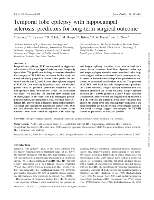 (PDF) Temporal lobe epilepsy with hippocampal sclerosis: predictors for ...
