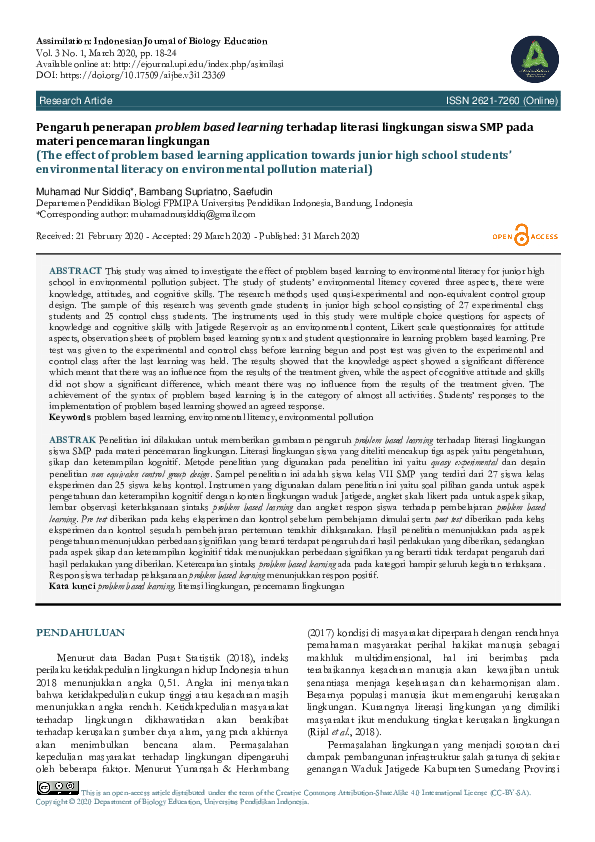 Pengaruh penerapan problem based learning terhadap literasi lingkungan siswa SMP pada materi pencemaran lingkungan