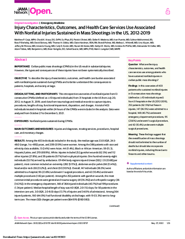(PDF) Injury Characteristics, Outcomes, and Health Care Services Use ...