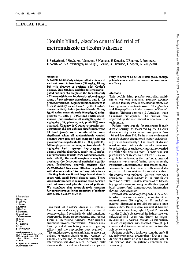 (PDF) Double blind, placebo controlled trial of metronidazole in Crohn ...