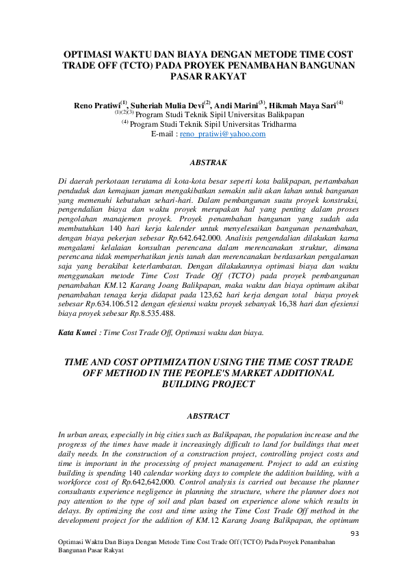 (PDF) Optimasi Waktu Dan Biaya Dengan Metode Time Cost Trade Off (Tcto ...