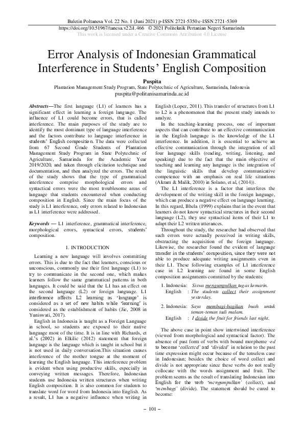 (PDF) Error Analysis Of Indonesian Grammatical Interference In Students ...