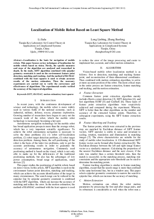 (PDF) Localization of Mobile Robot Based on Least Square Method