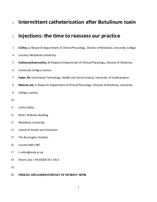 (PDF) Intermittent catheterisation after botulinum toxin injections ...