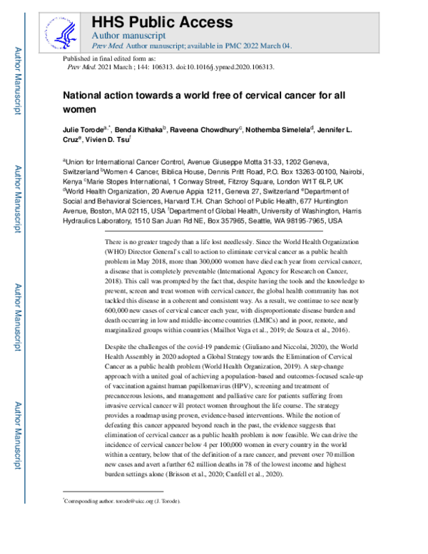 (PDF) National Action Towards a World Free of Cervical Cancer for All Women