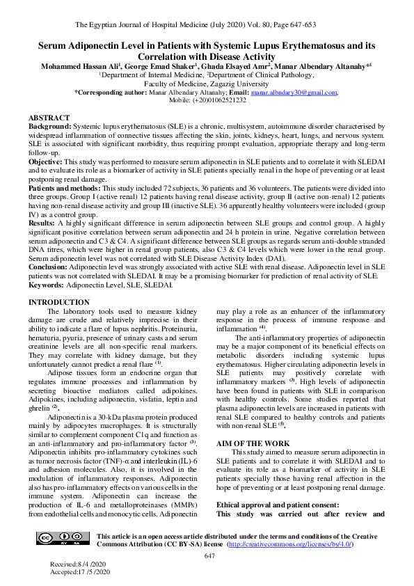 (PDF) Serum Adiponectin Level in Patients with Systemic Lupus ...