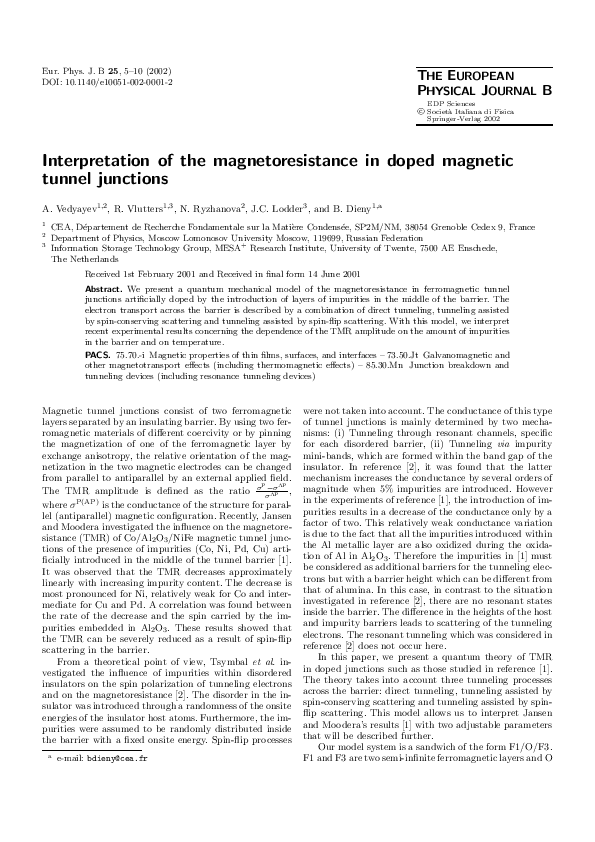 (PDF) Interpretation of the magnetoresistance in doped magnetic tunnel ...