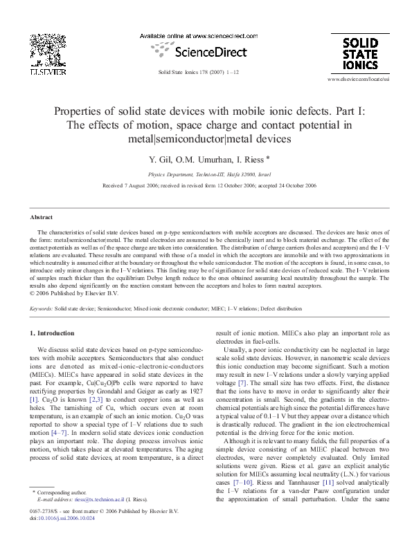 (PDF) Properties of solid state devices with mobile ionic defects. Part ...