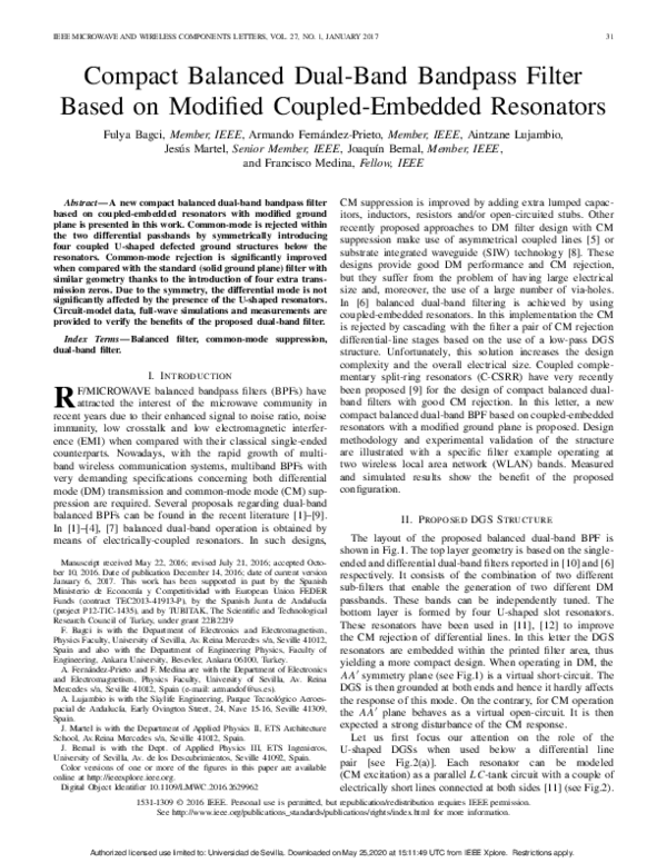 (PDF) Compact Balanced Dual-Band Bandpass Filter Based on Modified ...
