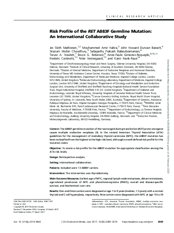 (PDF) Risk profile of the RET A883F germline mutation: an international ...
