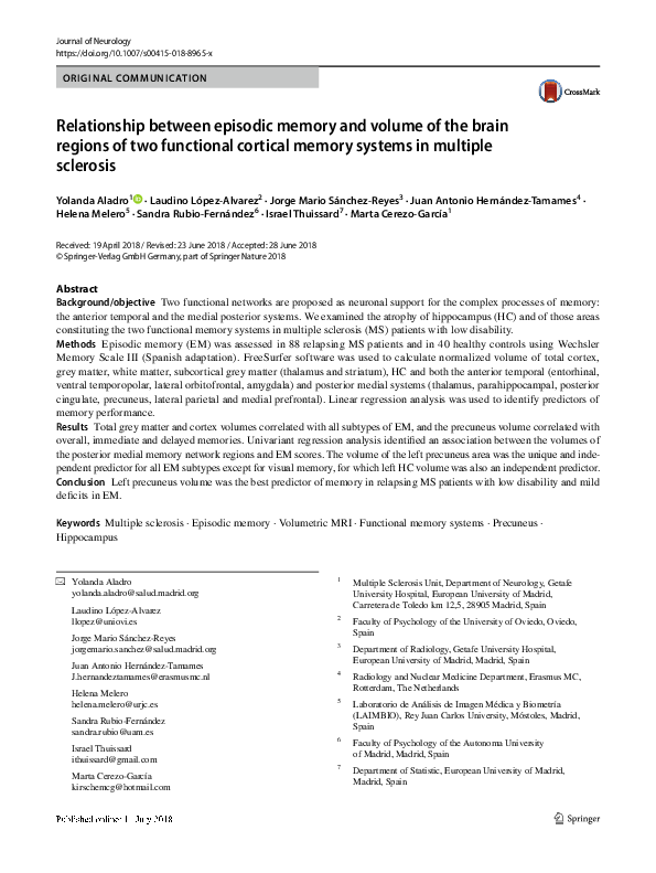 (PDF) Relationship between episodic memory and volume of the brain ...