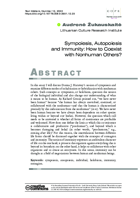 (PDF) Sympoiesis, Autopoiesis and Immunity: How to Coexist with ...