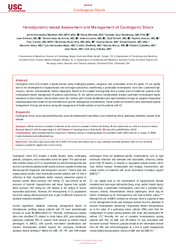 (PDF) Hemodynamic-based Assessment and Management of Cardiogenic Shock