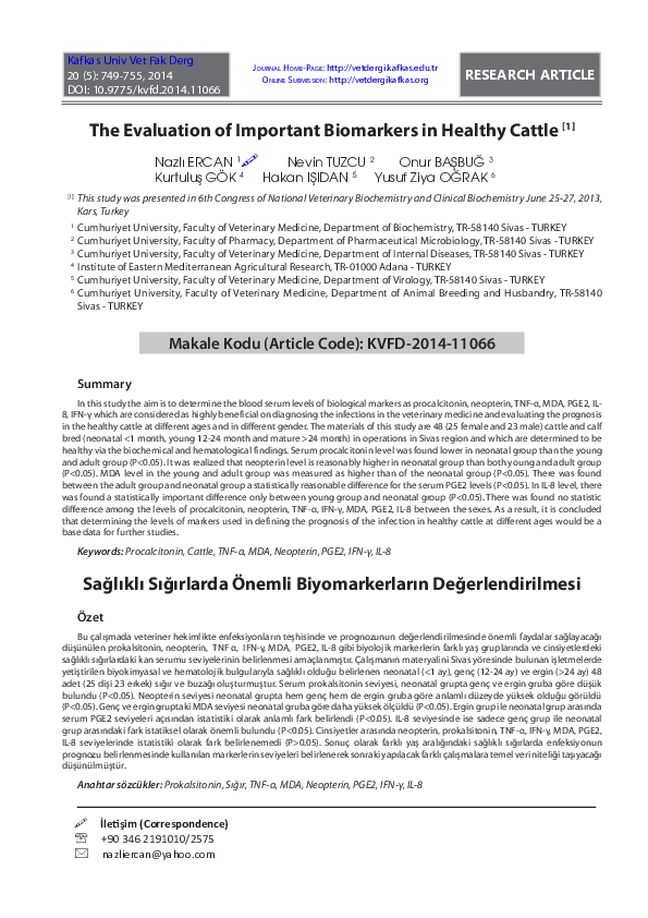 (PDF) The Evaluation of Important Biomarkers in Healthy Cattle