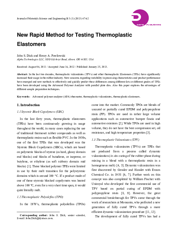 (PDF) New Rapid Method for Testing Thermoplastic Elastomers