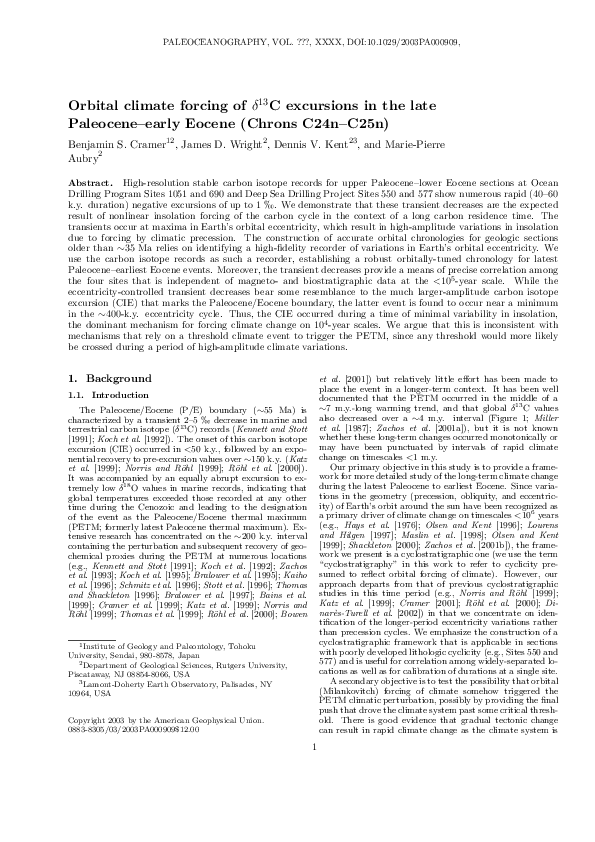 (PDF) Orbital climate forcing of δ13C excursions in the late Paleocene ...