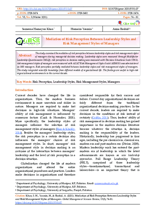 (PDF) Mediation of Risk Perception Between Leadership Styles and Risk ...