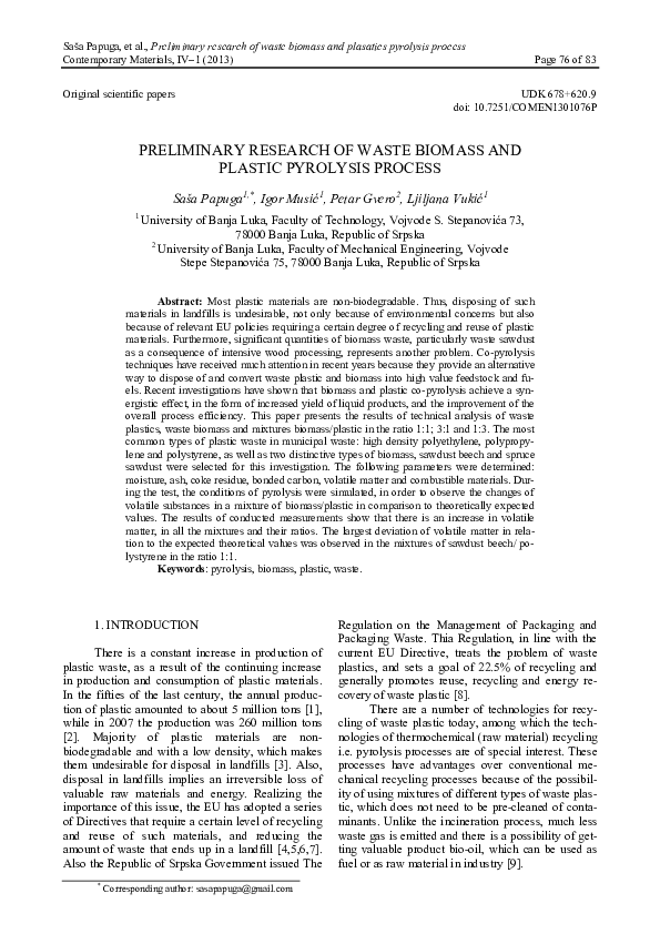 (PDF) Preliminary Research of Waste Biomass and Plastic Pyrolysis Process