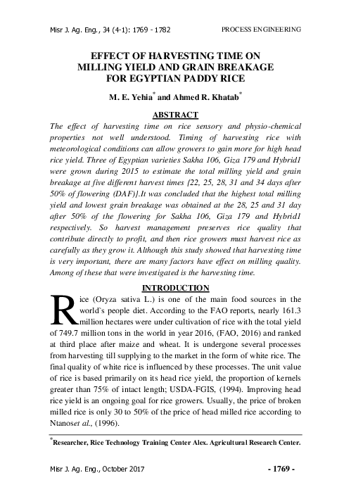 (PDF) Effect of Harvesting Time on Milling Yield and Grain Breakage for ...