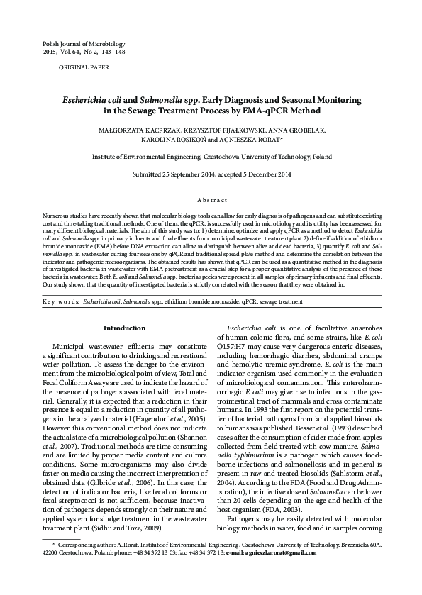 (PDF) Escherichia coli and Salmonella spp. early diagnosis and seasonal ...
