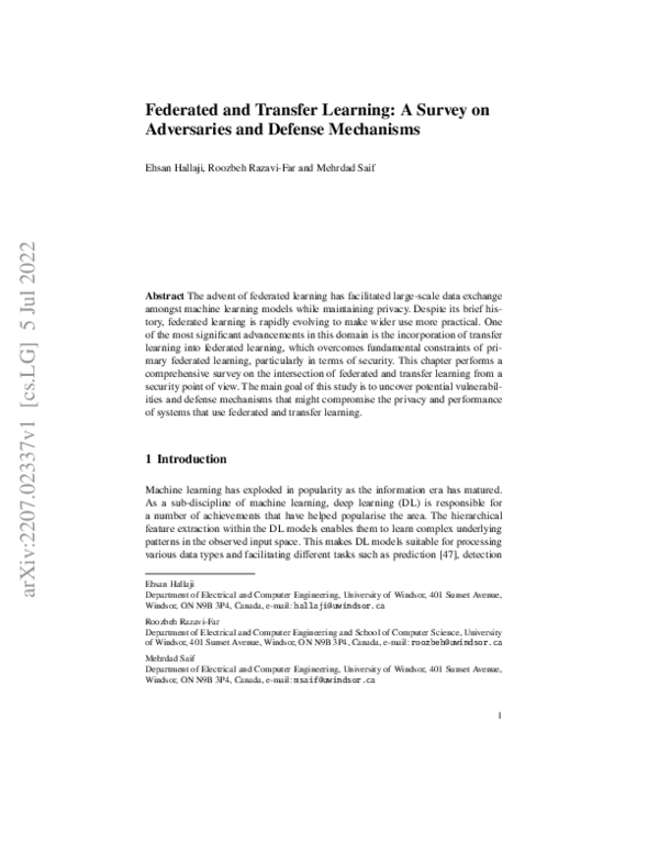 (PDF) Federated and Transfer Learning: A Survey on Adversaries and ...