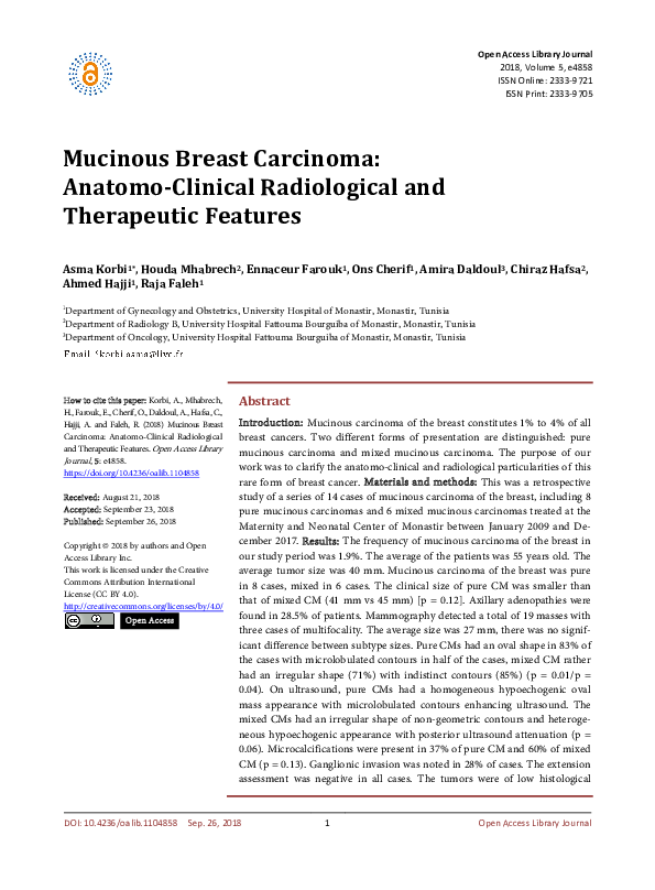 (PDF) Mucinous Breast Carcinoma: Anatomo-Clinical Radiological and ...
