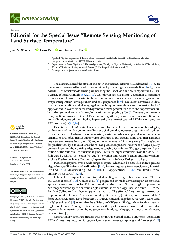 (PDF) Editorial for the Special Issue "Remote Sensing Monitoring of ...