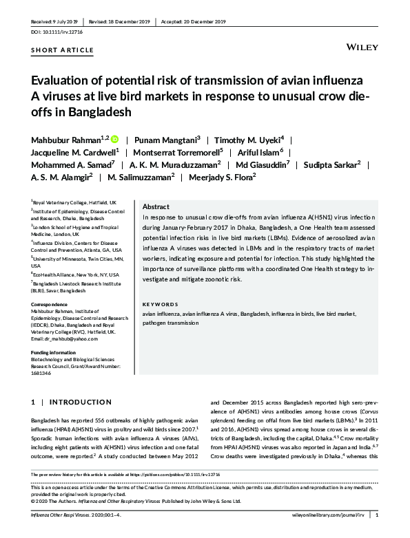 (PDF) Evaluation of potential risk of transmission of avian influenza A ...