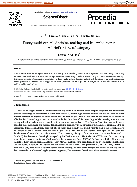 (PDF) Fuzzy Multi Criteria Decision Making and its Applications: A ...