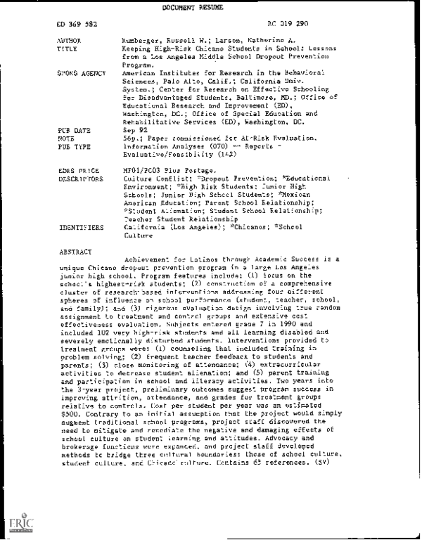 (PDF) Keeping High-Risk Chicano Students in School: Lessons from a Los ...