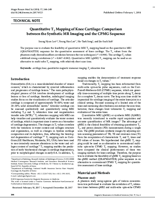 (PDF) Quantitative T2 Mapping of Knee Cartilage: Comparison between the ...