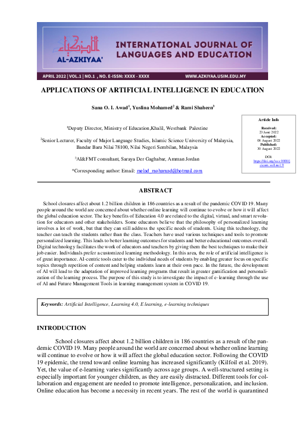 (PDF) Applications of Artificial Intelligence in Education