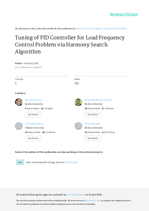 (PDF) Tuning of PID Controller for Load Frequency Control Problem via ...