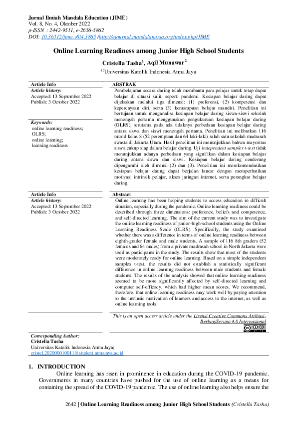 (PDF) Online Learning Readiness among Junior High School Students