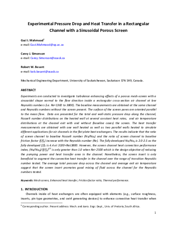 (PDF) Experimental Pressure Drop and Heat Transfer in a Rectangular ...