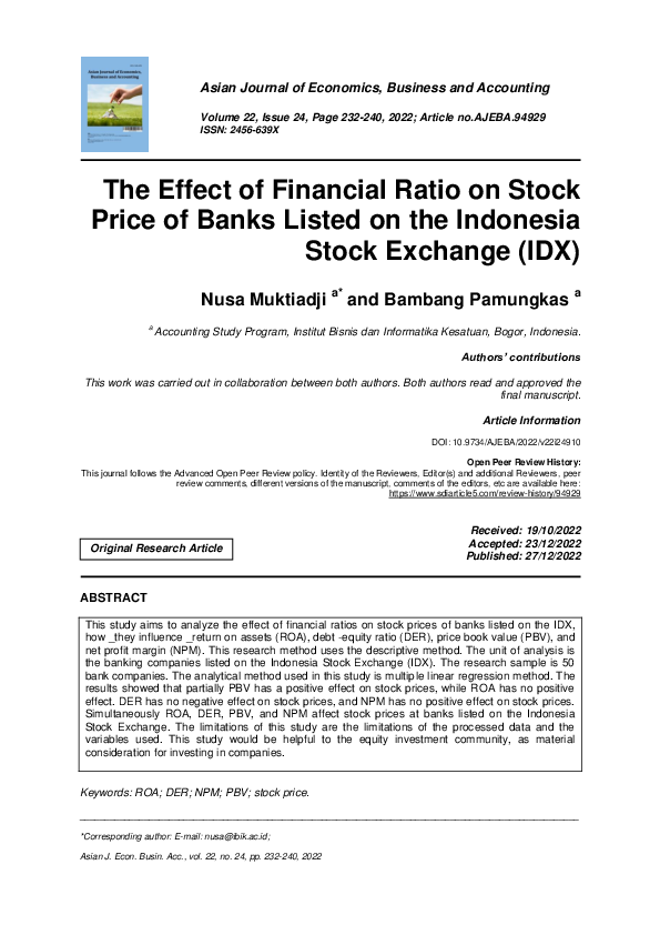 (PDF) The Effect of Financial Ratio on Stock Price of Banks Listed on ...